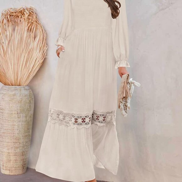 Elegant Women’s Long Sleeve Flowy A-Line Lace Trim Maxi Dress - Small Size - Picture 8 of 8